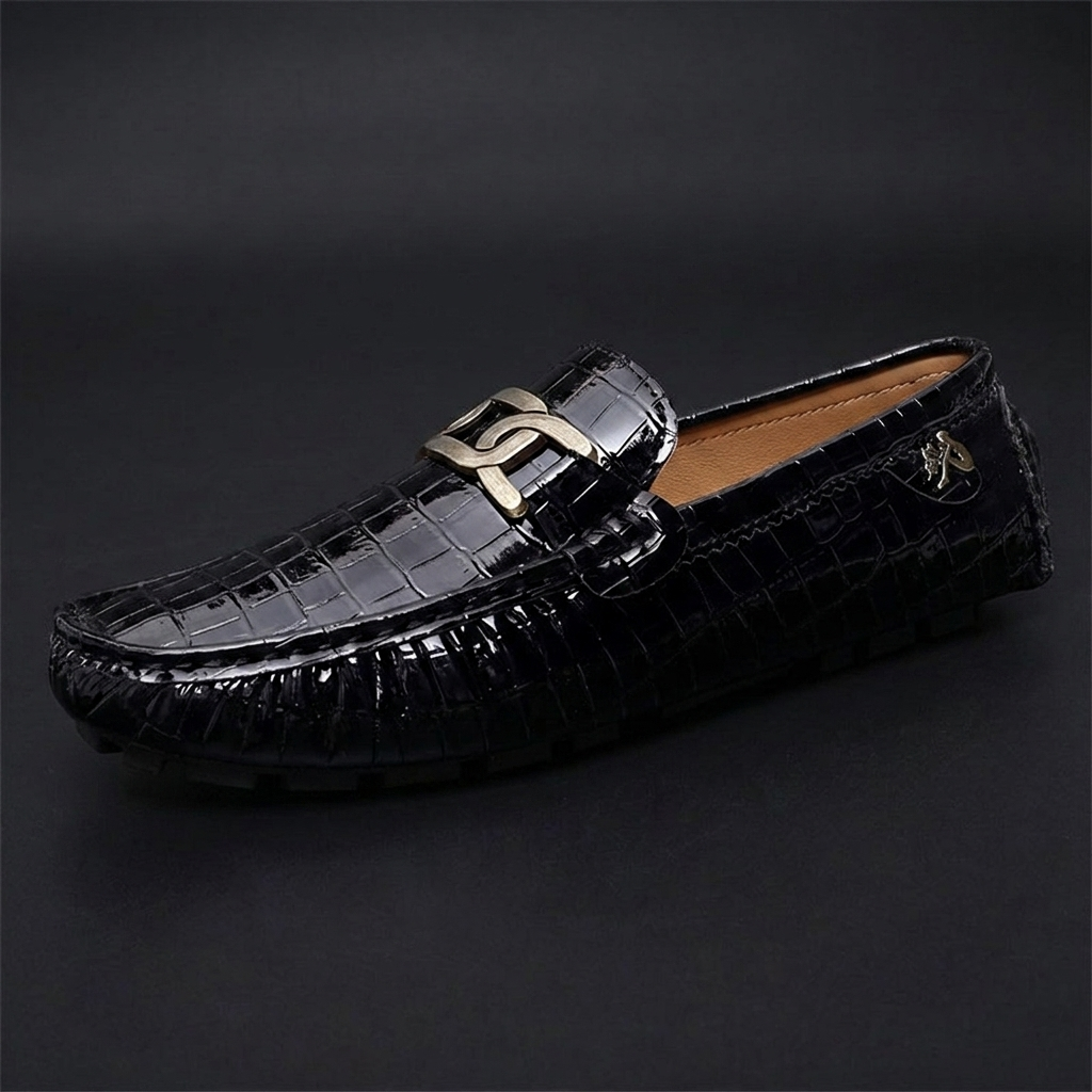 Black leather slip-on loafers