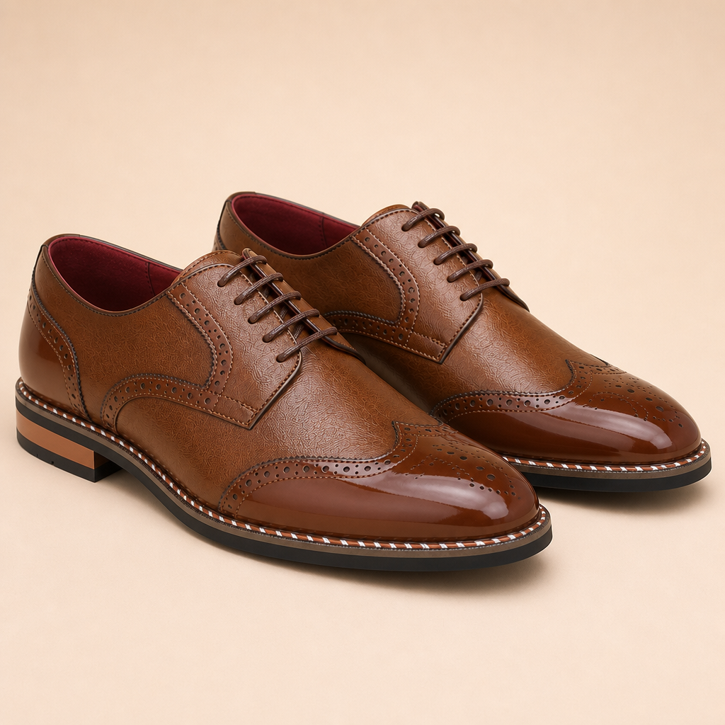 Men's leather dress shoes with brogue carving
