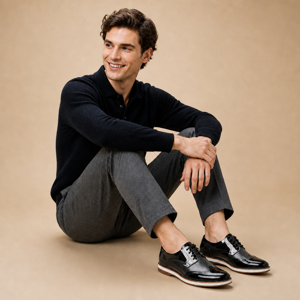 Caden Men's Leather Oxford Brogues — Black