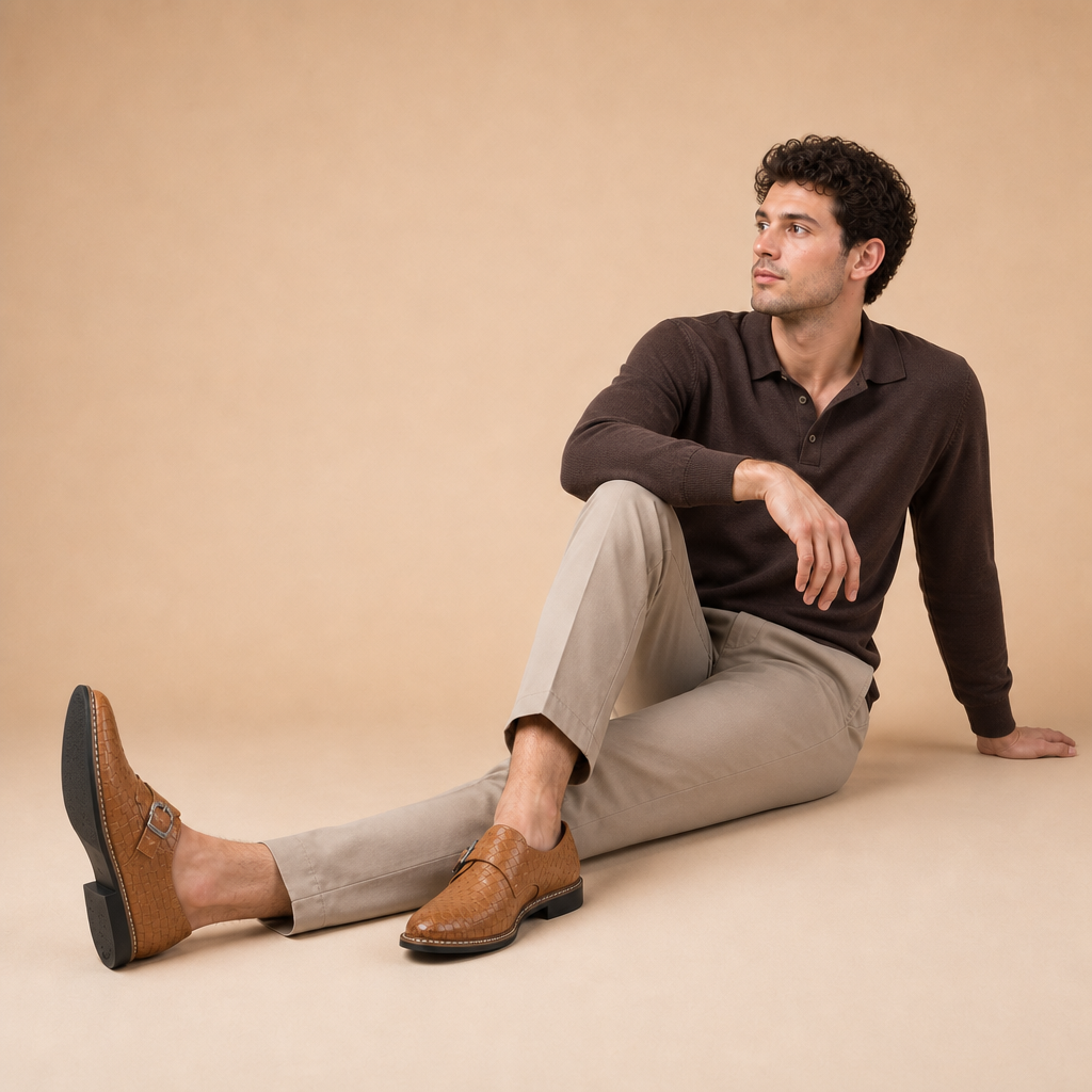 Top view of black leather loafers with cushioned interior