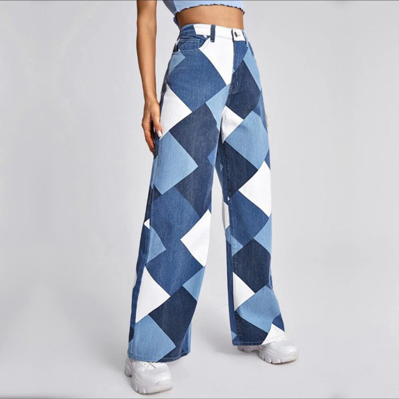 Ravenna High-Waisted Flared Checkered Denim Jeans