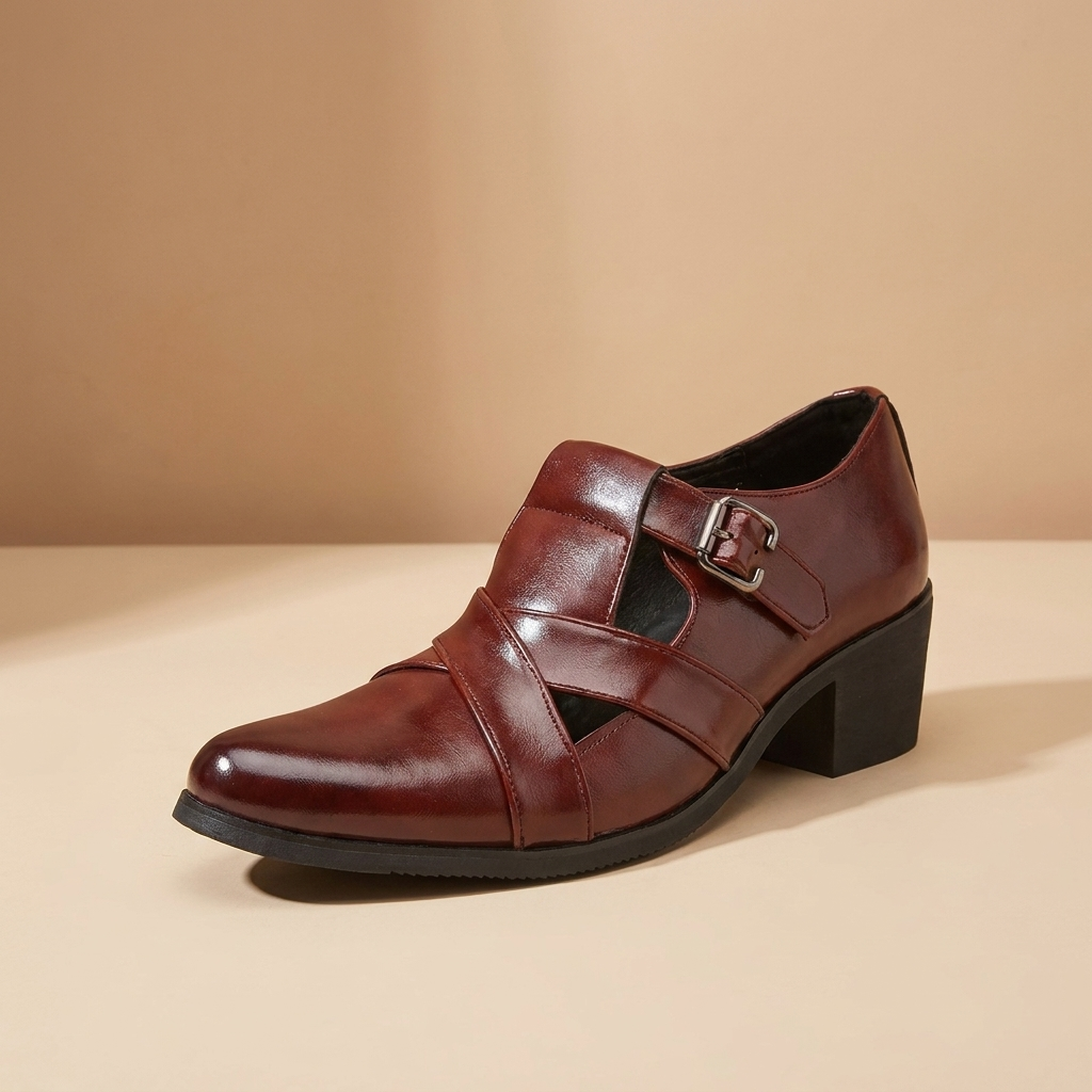 Brown pointed-toe loafers with buckle closure and thick sole