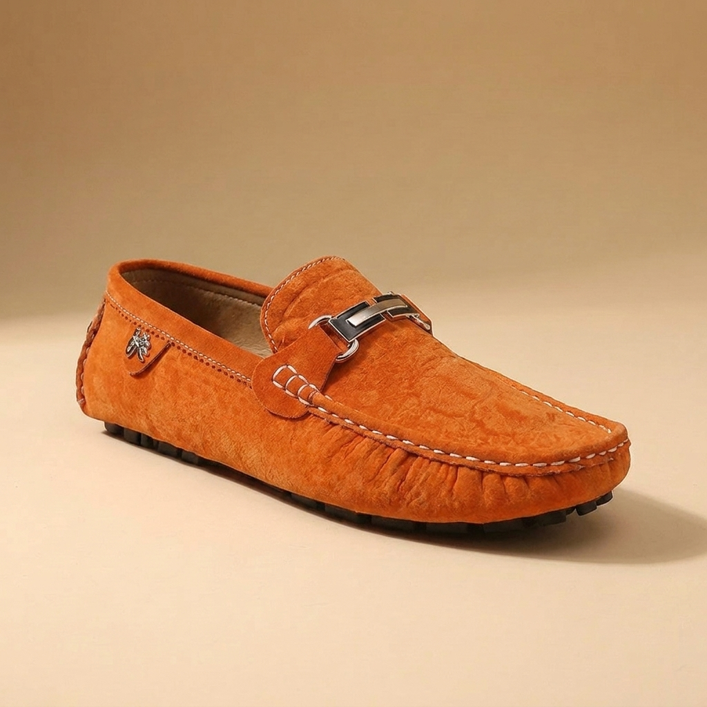 Orange leather loafers with low heel