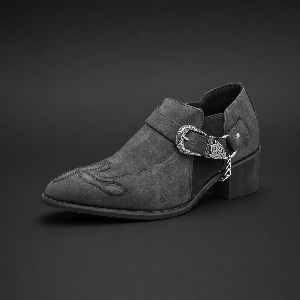 Gray suede boots with chrome chain and buckle detail