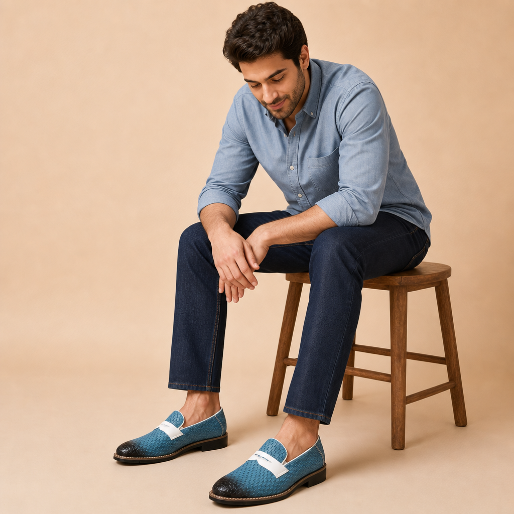 Fenwick Men's Leather Woven Loafers — Blue