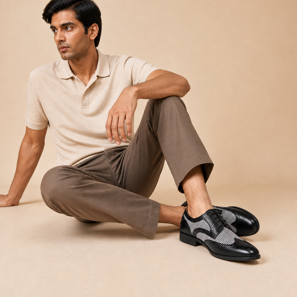Detailed view of houndstooth pattern on loafers