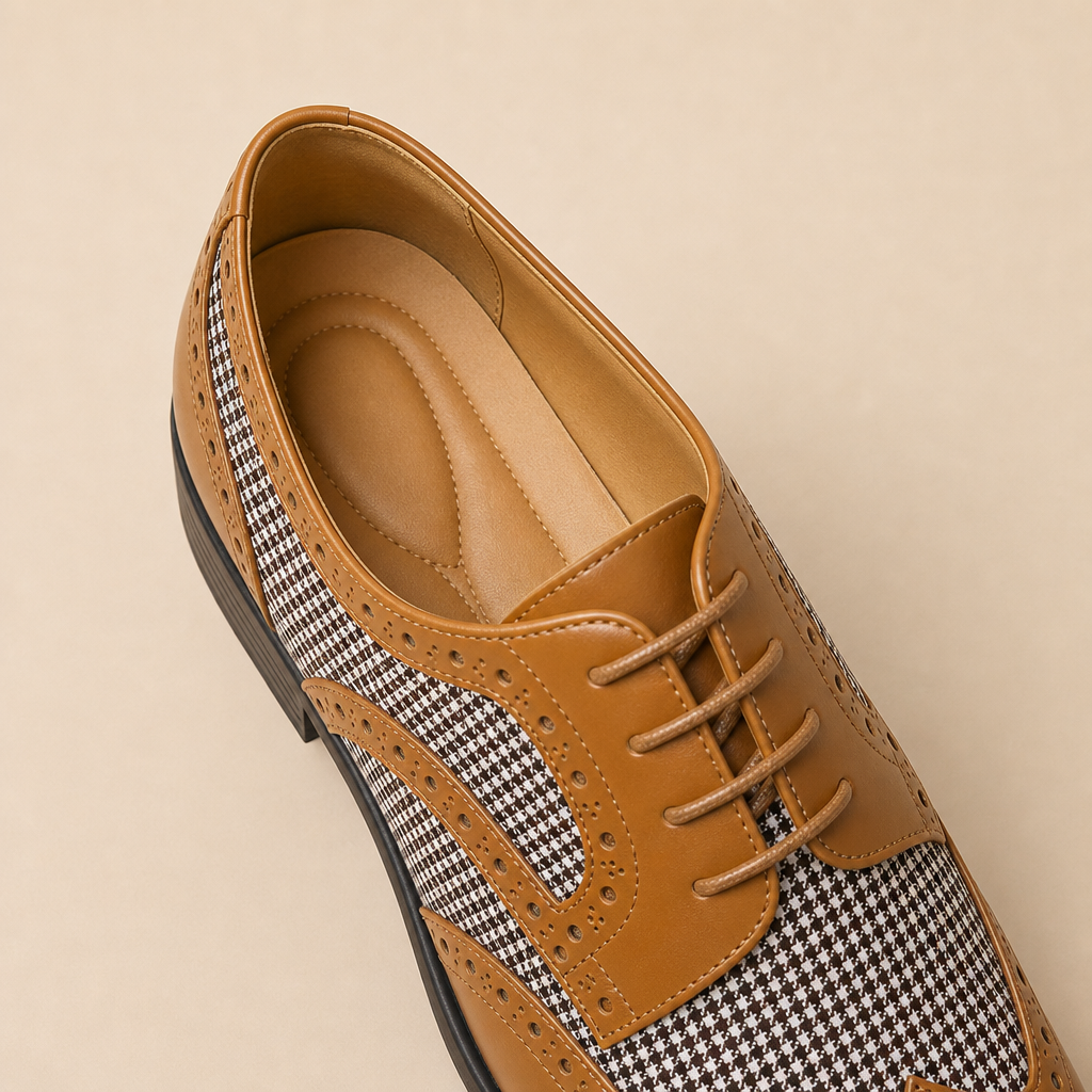 Front view of tan leather brogue loafers