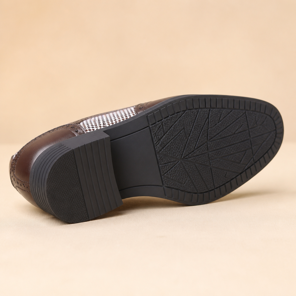 Whiskey brown loafers with houndstooth pattern