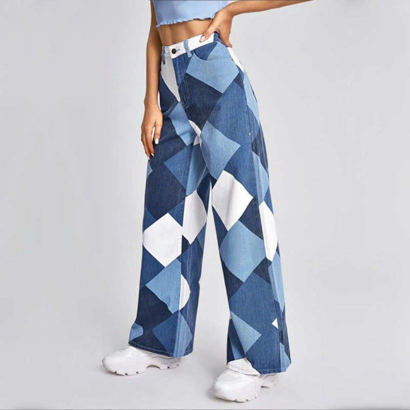 Ravenna High-Waisted Flared Checkered Denim Jeans
