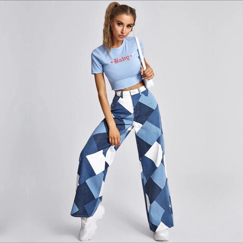 Ravenna High-Waisted Flared Checkered Denim Jeans