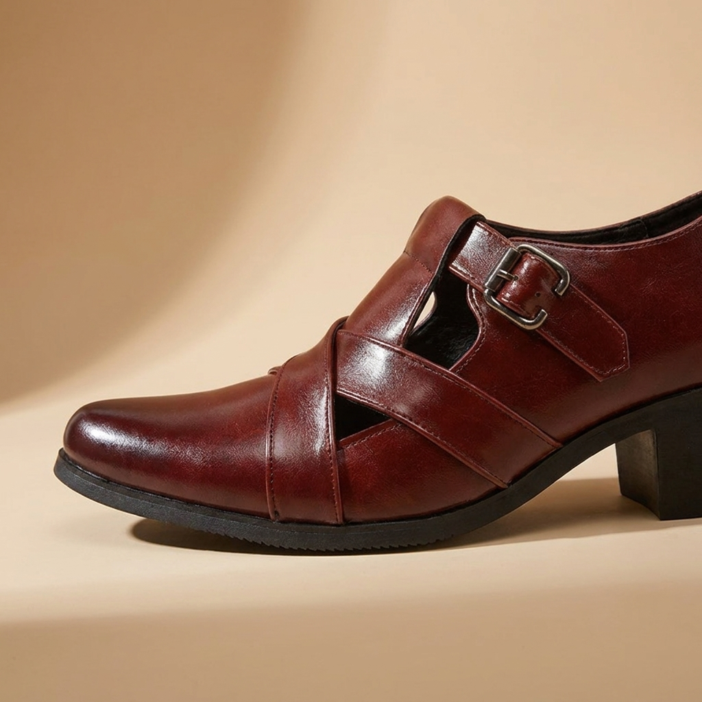 Black low-top loafers with pointed toe and strap buckle