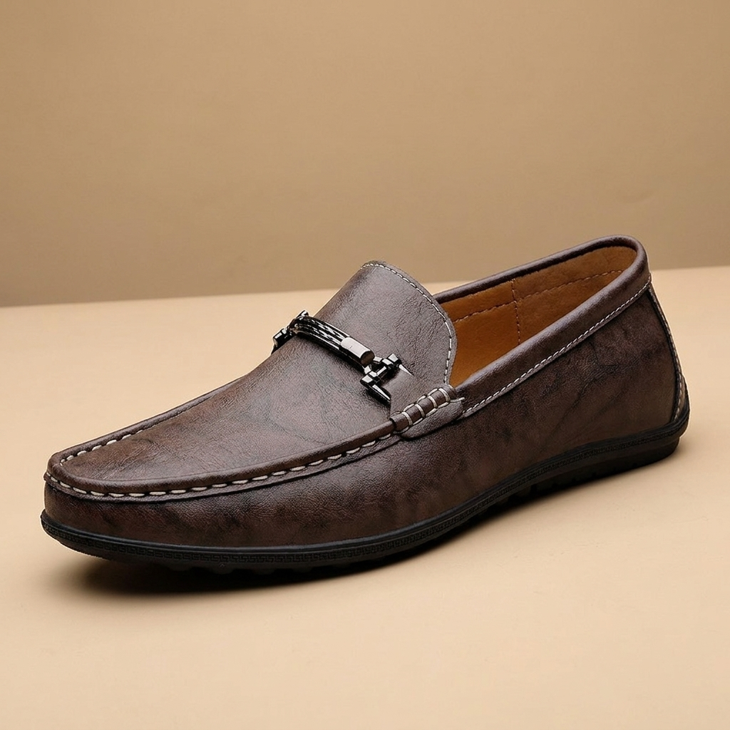 Gray leather casual loafers with flat heel